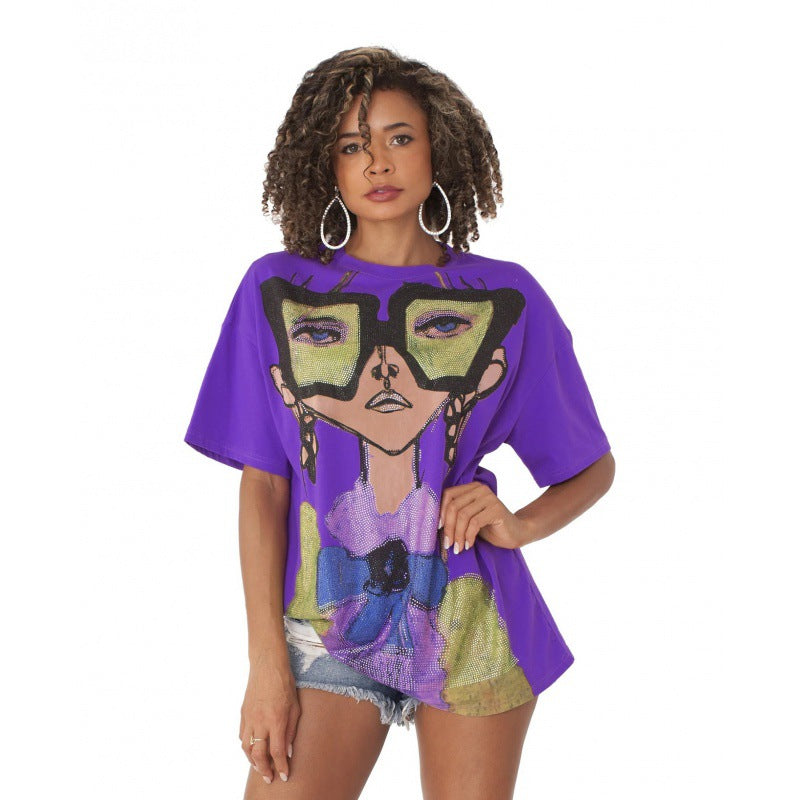 Camiseta informal holgada con cuello redondo y media manga para mujer con estampado gráfico