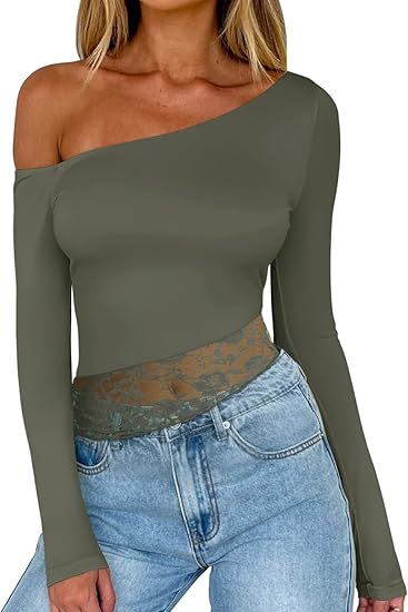Camiseta informal de manga larga con hombros descubiertos y encaje de color liso para mujer