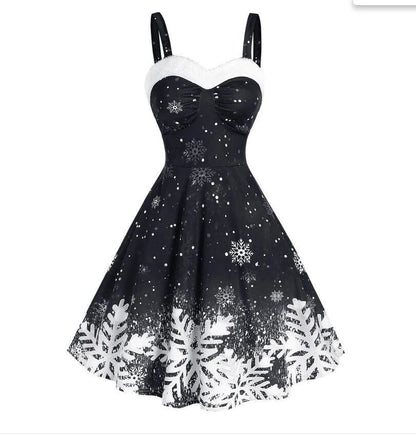 Women Fashion Casual Christmas Snowflake Print Wide Strap Swing Dress