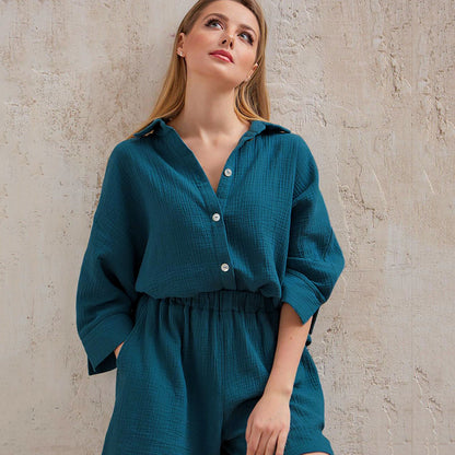 Conjunto de pijama para mujer, de color liso, informal, de manga larga y pantalones cortos para el hogar