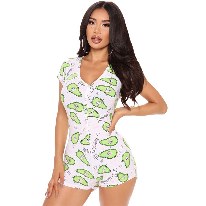 Women Fashion Casual Print V-Neck Short-Sleeve Rompers