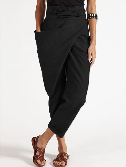 Pantalones casuales irregulares de color sólido con cordones para mujer