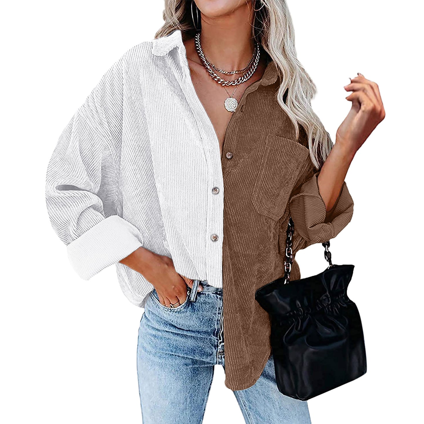 Blusa informal de manga larga con solapa y botones para mujer, con diseño de patchwork y bloqueo de color