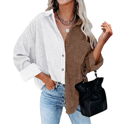 Blusa informal de manga larga con solapa y botones para mujer, con diseño de patchwork y bloqueo de color