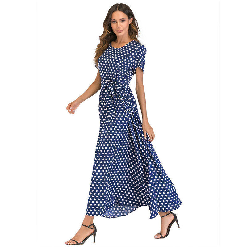 Women Casual Elegant Round Neck Short-Sleeved Polka Dot Print Midi Dress