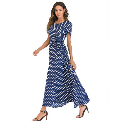 Women Casual Elegant Round Neck Short-Sleeved Polka Dot Print Midi Dress