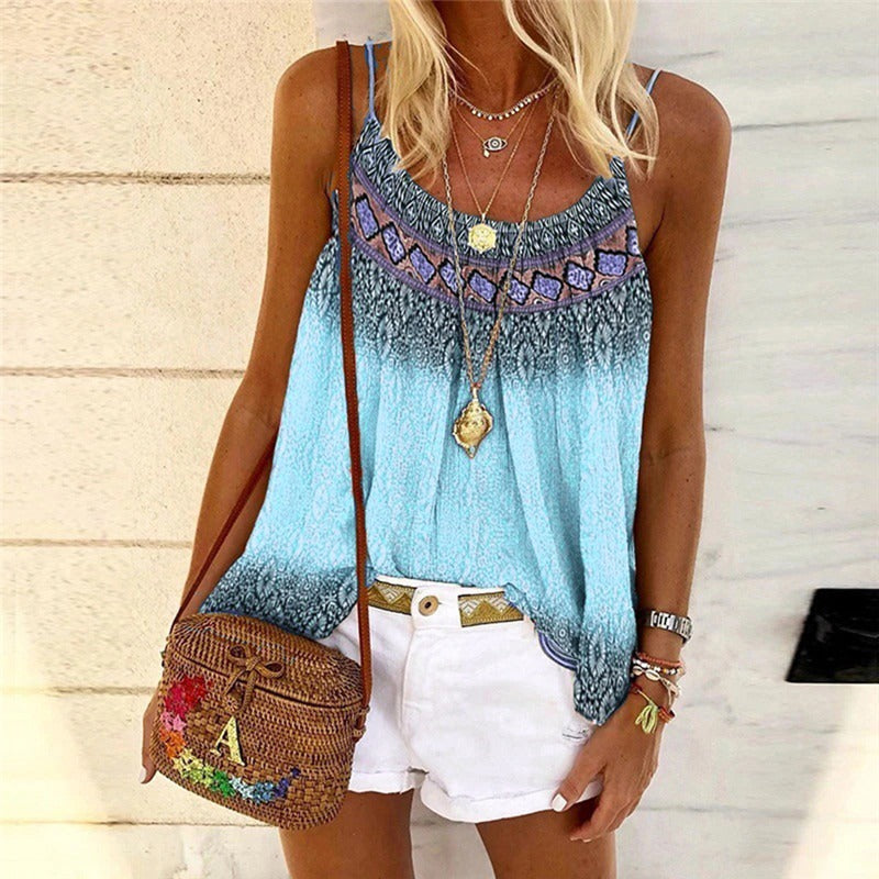 Women Vintage Casual Summer Sleeveless Loose Bohemian Print Tank Top