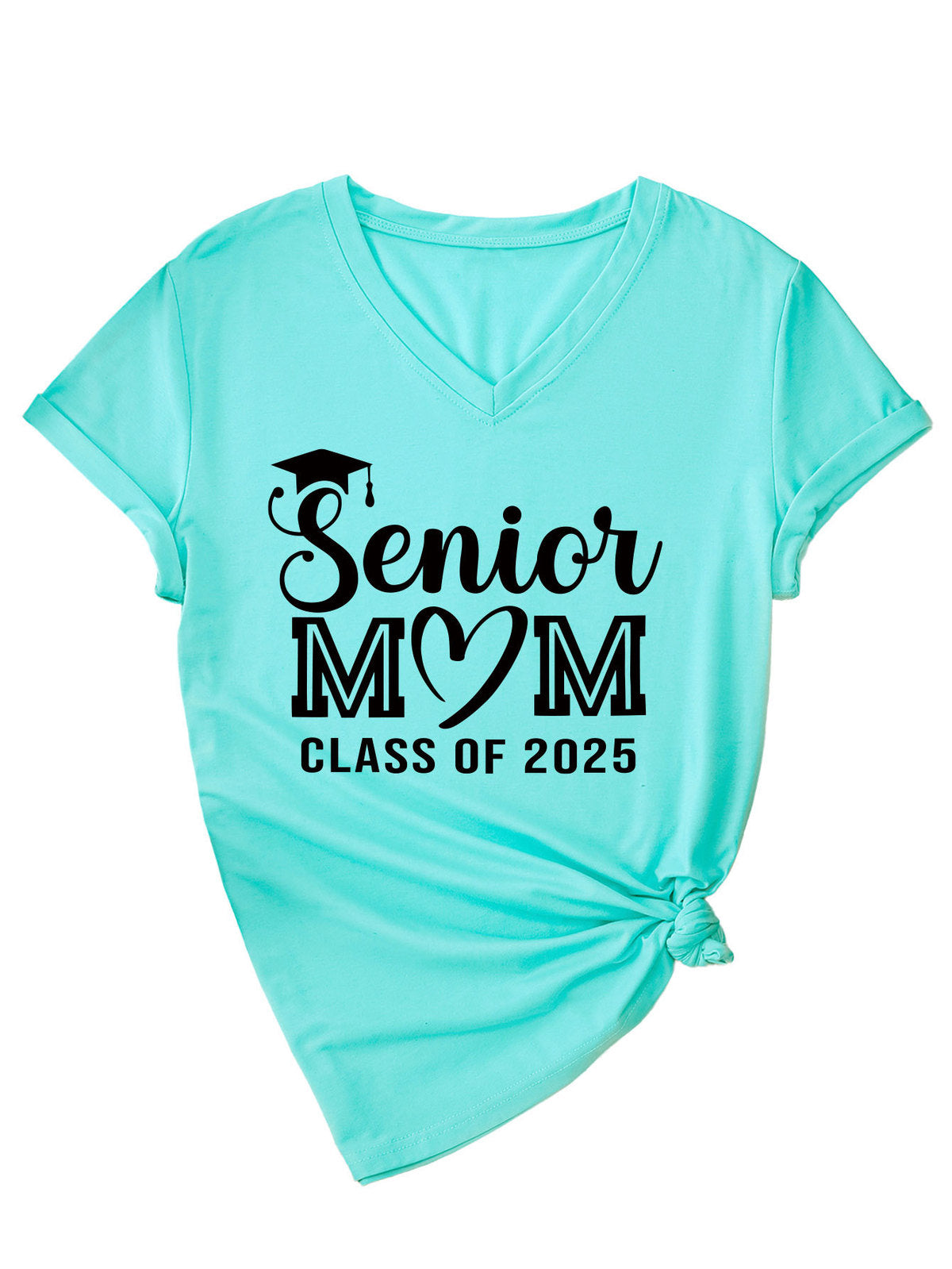 Camiseta informal de verano para mujer, color liso, con estampado de letras Mom, cuello en V y manga corta 2025