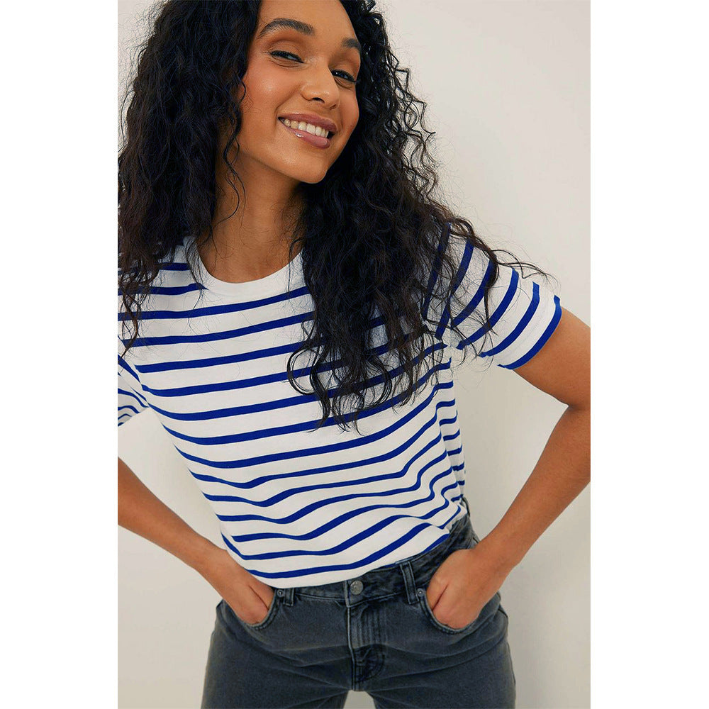 Camiseta informal de manga corta a rayas con cuello redondo