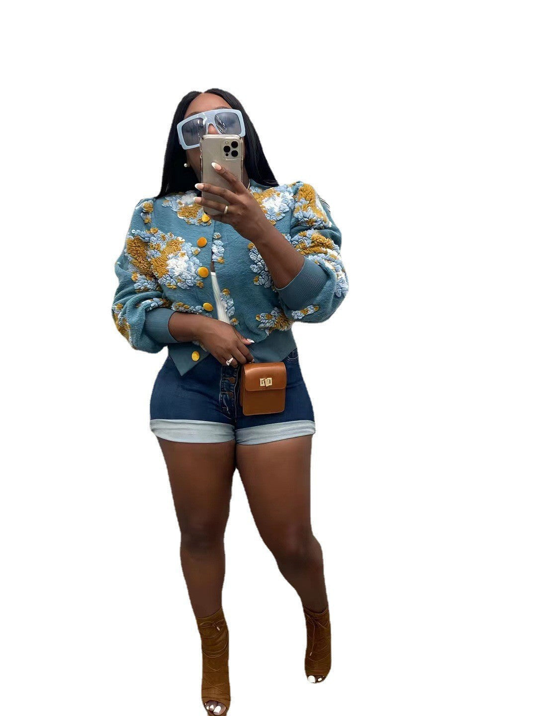 Chaqueta informal de manga larga con botones y diseño floral para mujer