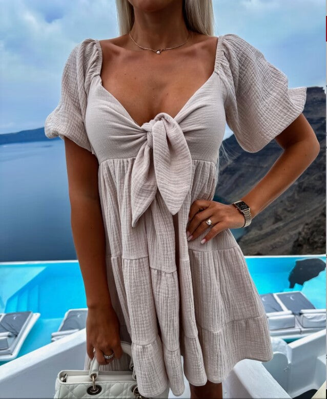 Women Fashion Casual Solid Color Lace-Up Short Sleeve Dress