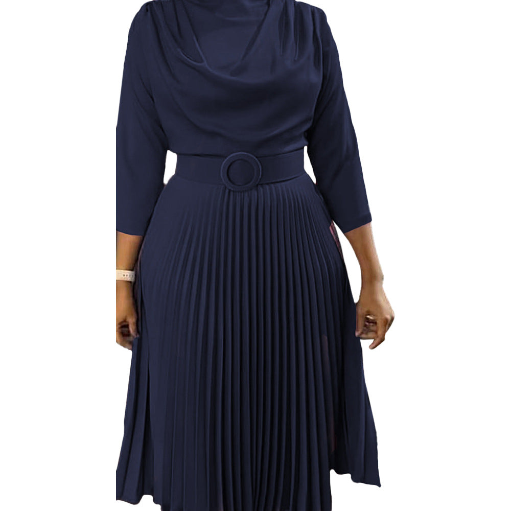 Vestido informal de manga larga plisado de color liso para mujer, talla grande