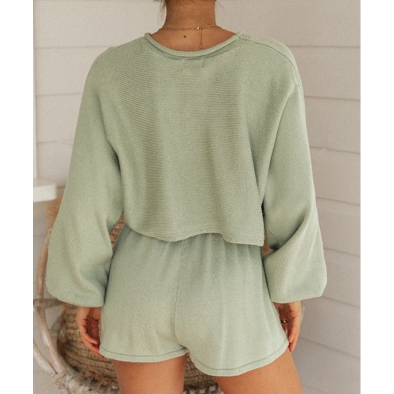 Women Casual Solid Color Knitted Long-Sleeve Sweater Drawstring Shorts Two-Piece Set