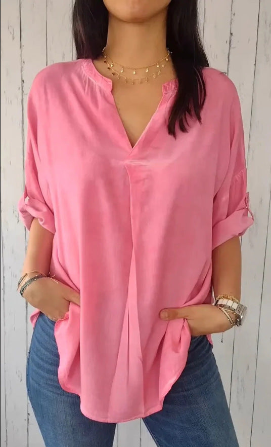 Camisa informal sencilla de color liso con cuello en V para mujer