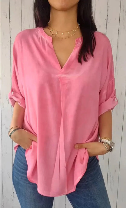 Camisa informal sencilla de color liso con cuello en V para mujer