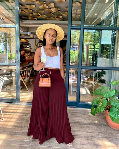 Women Fashion Casual Solid Color Pleated Wide Leg Pants