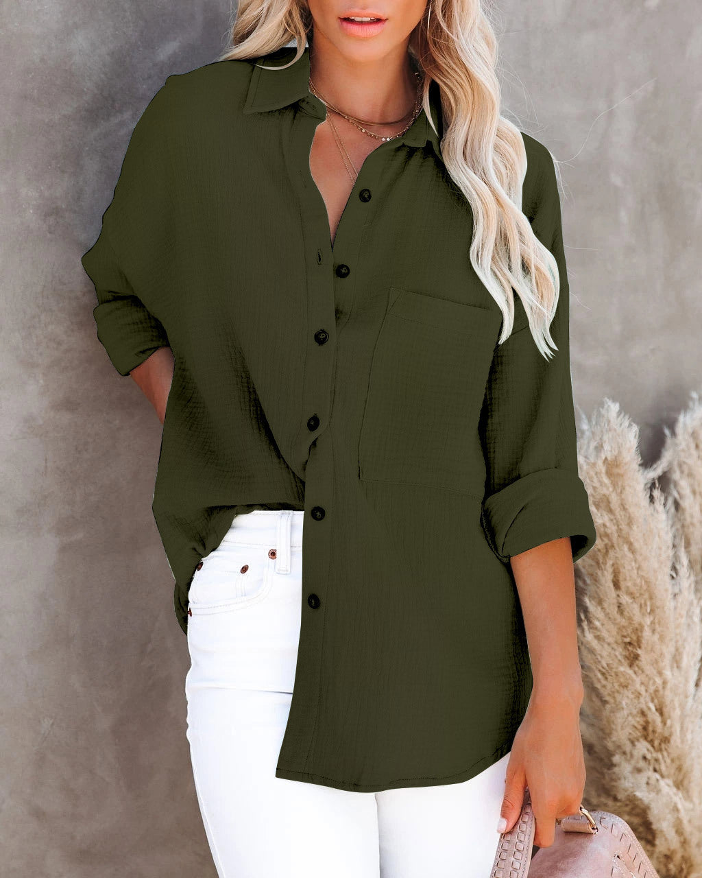 Blusa informal de lino y algodón con botones, cuello en V y manga larga para mujer
