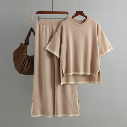 Conjunto de dos piezas de pantalones anchos de punto con contraste informal para mujer