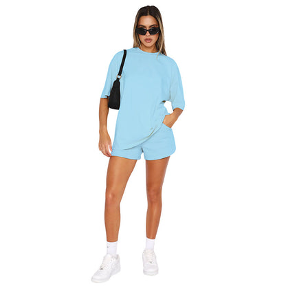 Conjunto de dos piezas de pantalones cortos de manga corta de color liso informal a la moda para mujer