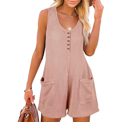 Women Casual Solid Color V-Neck Button Pocket Vest Rompers