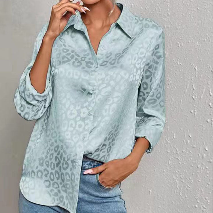 Blusa informal de manga larga con solapa y estampado de leopardo y satén jacquard para mujer