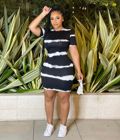 Women Fashion Casual Stripe Print Short Sleeve Tight Dress