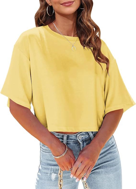 Camiseta básica informal de media manga con estampado de color liso para mujer