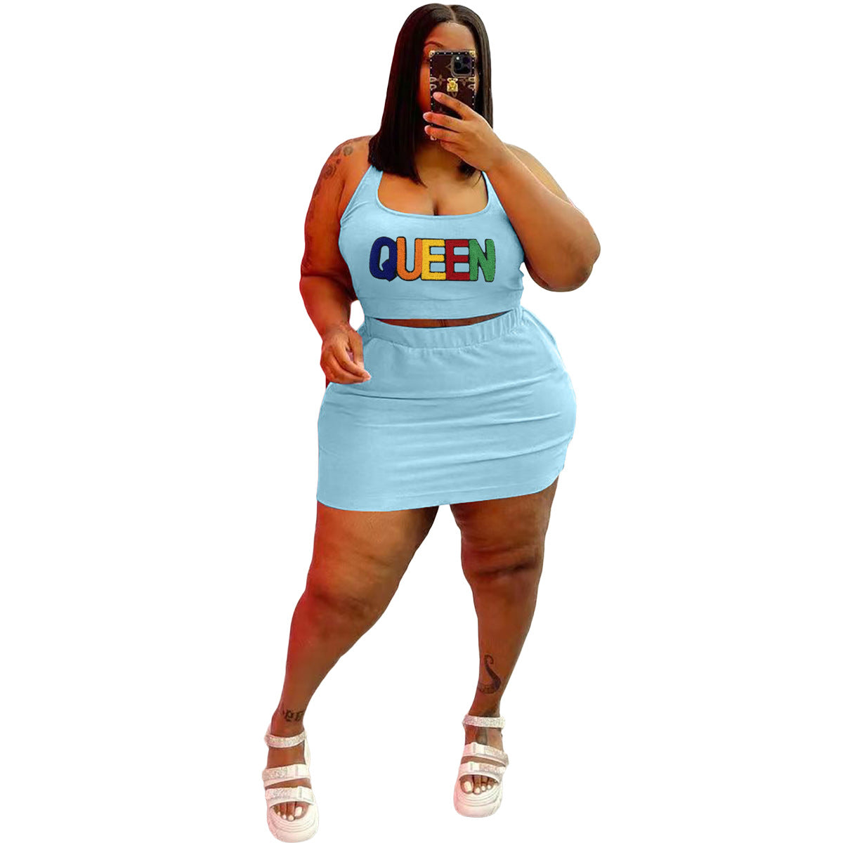 Conjunto de dos piezas de top corto y falda con apliques de letras Queen, informal, deportivo, sin mangas, para mujer