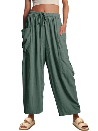 Pantalones anchos de cintura alta de lino y algodón para mujer