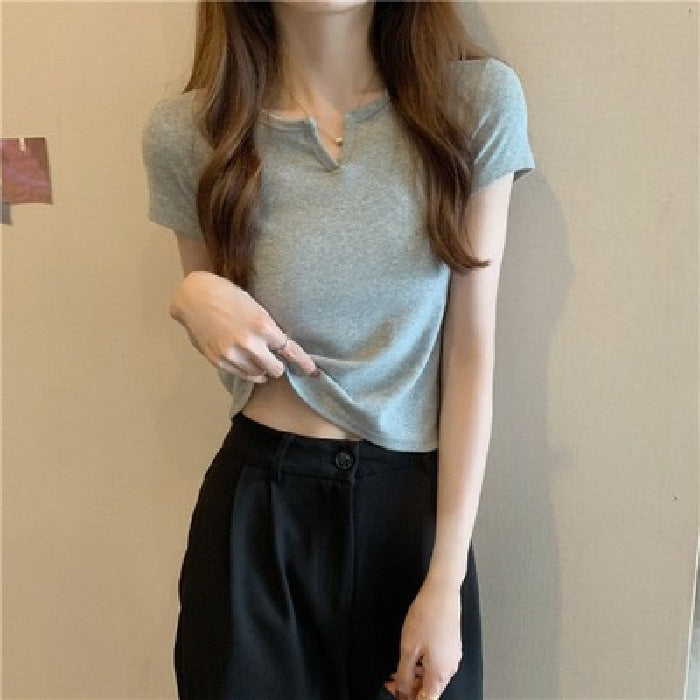 Women Casual Solid Color Short Sleeve Cropped Top Tee