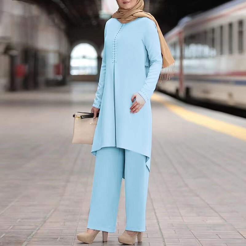 Conjunto informal de abaya de color liso con manga larga y encaje para mujer