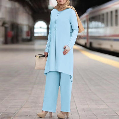Conjunto informal de abaya de color liso con manga larga y encaje para mujer