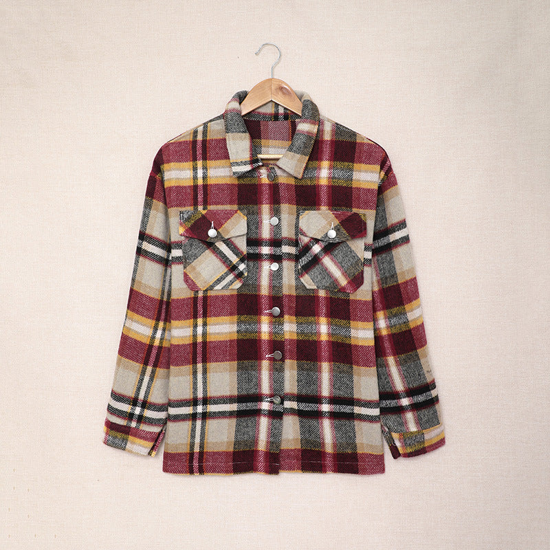 Abrigo informal con solapa y estampado a cuadros para mujer, otoño e invierno