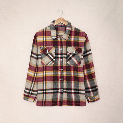 Abrigo informal con solapa y estampado a cuadros para mujer, otoño e invierno