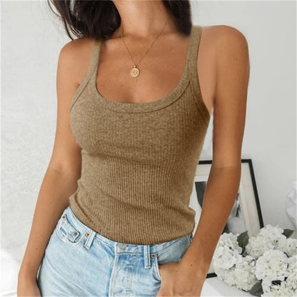 Camiseta básica sin mangas de punto con cuello en U para mujer, informal, de color liso