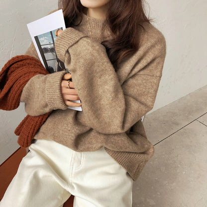 Women Fashion Casual Loose Solid Color Round Neck Long Sleeve Knitwear