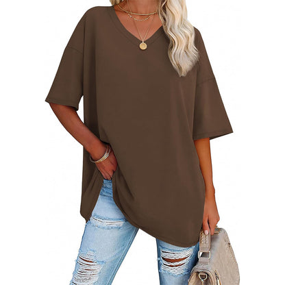 Camiseta informal holgada de color liso con cuello en V para mujer