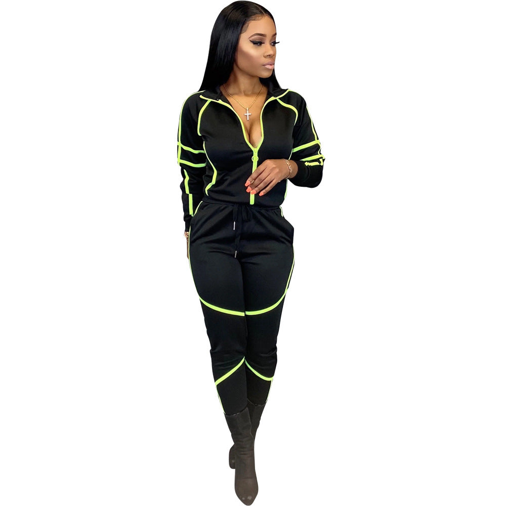 Autumn And Winter Women Long-Sleeved Splicing Solid Color Casual Sports Sets