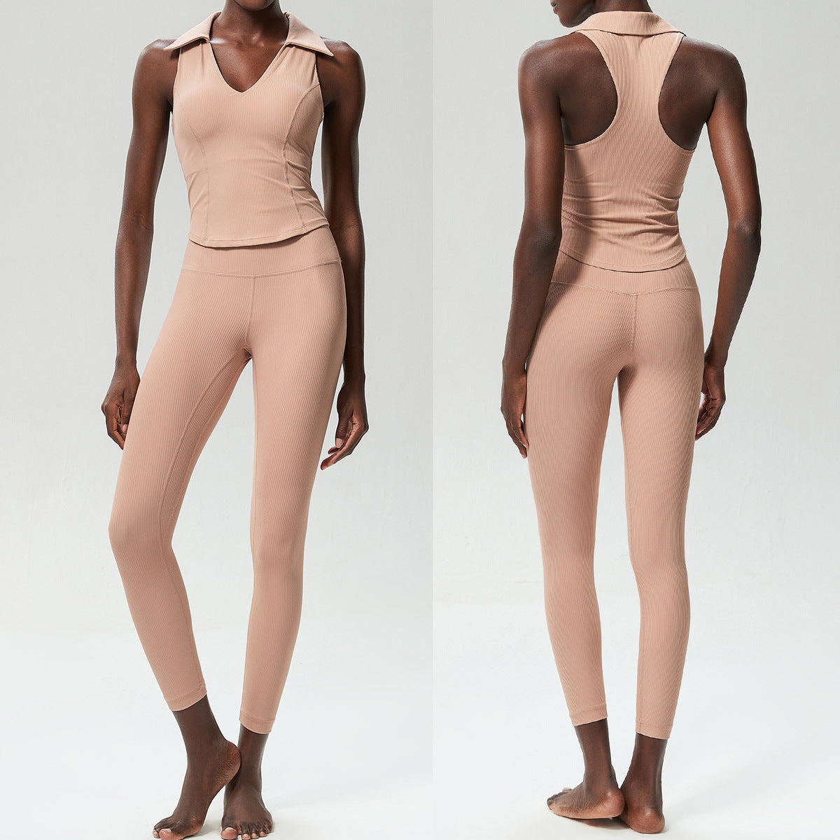 Women Casual Deep V-Collar Sports Fitness Top Yoga Pants Two-Piece Set