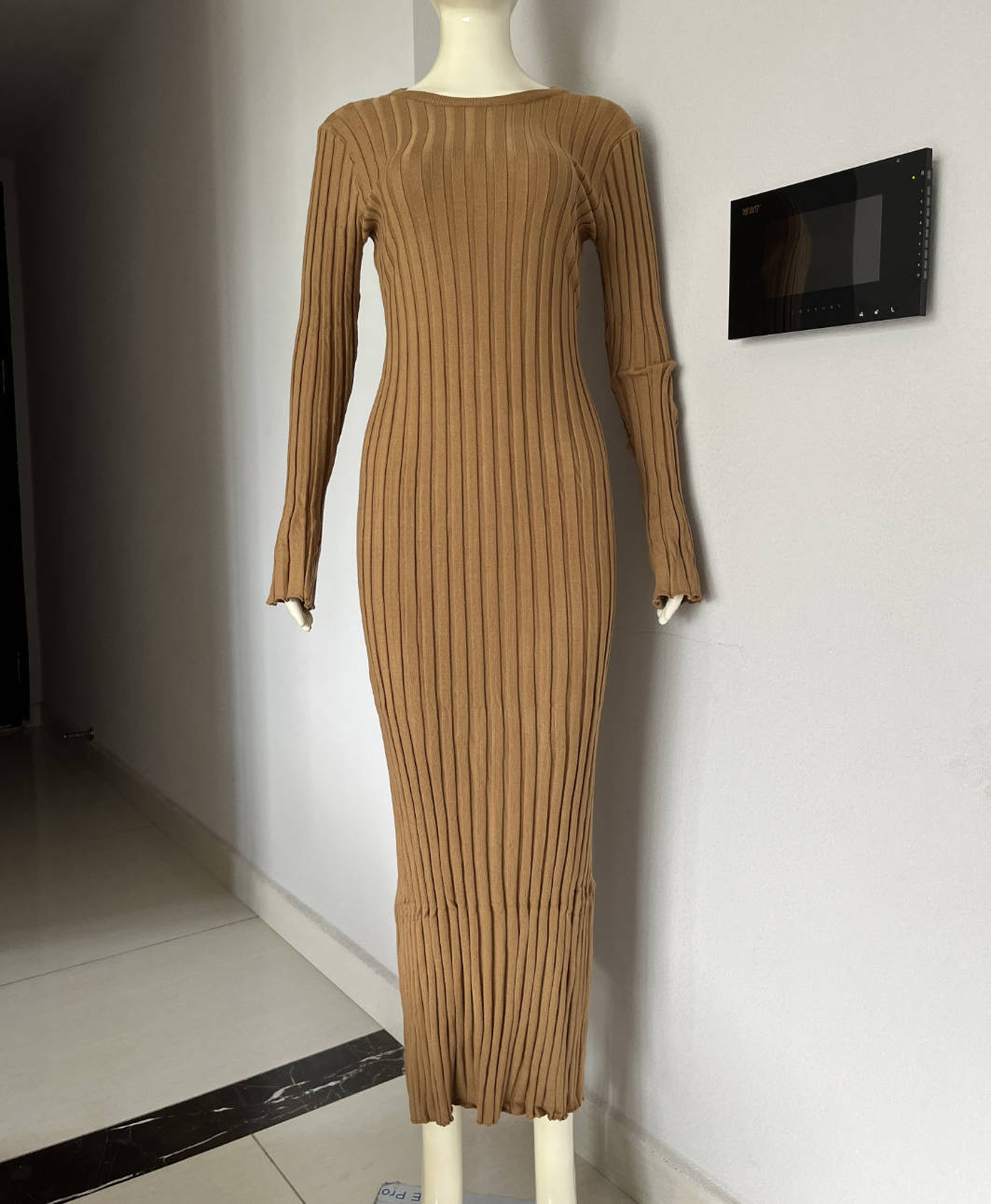 Autumn Winter Women Fashion Casual Crewneck Pit Strip Knitted Dress