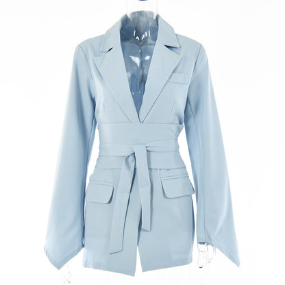 Blazer informal de manga larga con solapa y cordones para mujer, color liso, a la moda