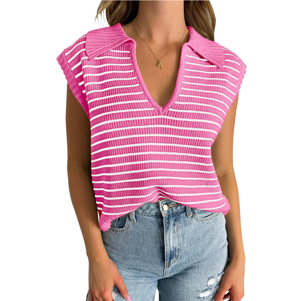 Women Fashion Casual Stripe Lapel V-Neck Sleeveless Knitted Sweater