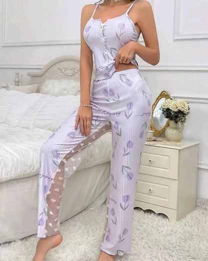 Conjunto de pijama de dos piezas con camisola estampada informal para mujer, pantalones de malla