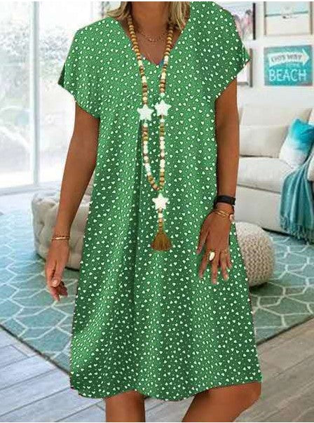 Women Fashion Casual V-Neck Dot Heart Print Dress