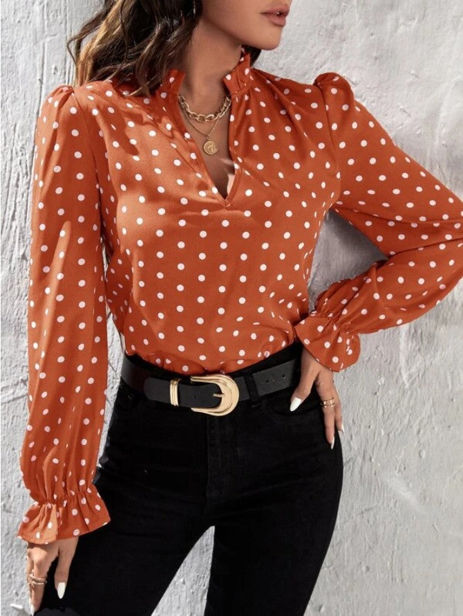 Women Casual Long Sleeve Polka Dot Slim Long-Sleeved Chiffon Shirt Blouse