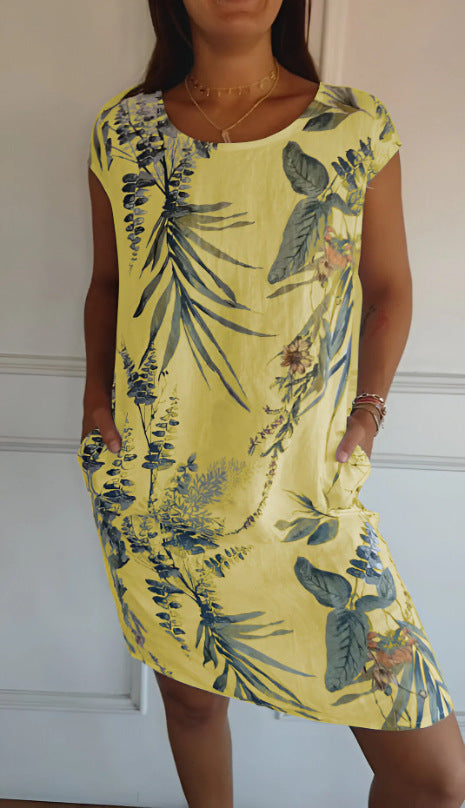 Vestido informal holgado con estampado de cuello redondo y manga corta con bolsillos para mujer