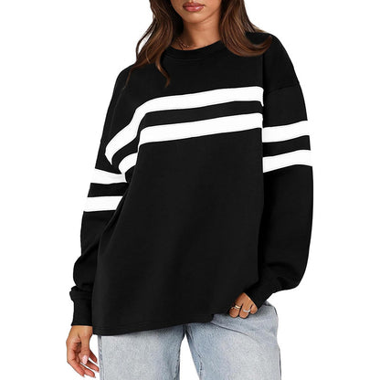 Women Casual Stripe Round Neck Loose Blank Sweatshirts