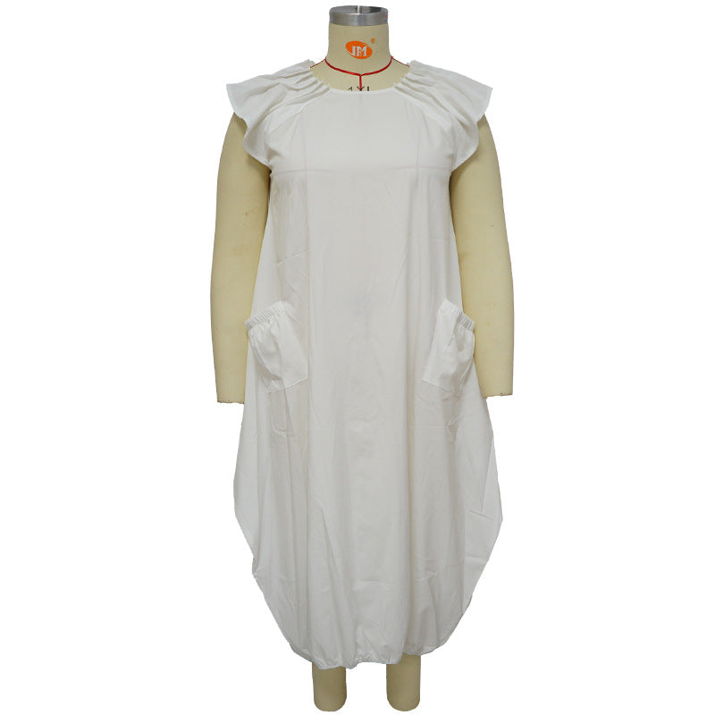 Vestido holgado informal de talla grande con mangas casquillo y volantes de color liso a la moda para mujer