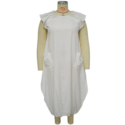 Vestido holgado informal de talla grande con mangas casquillo y volantes de color liso a la moda para mujer