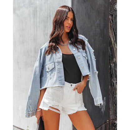 Women Fashion Casual Chain Tassel Hole Denim Shorts